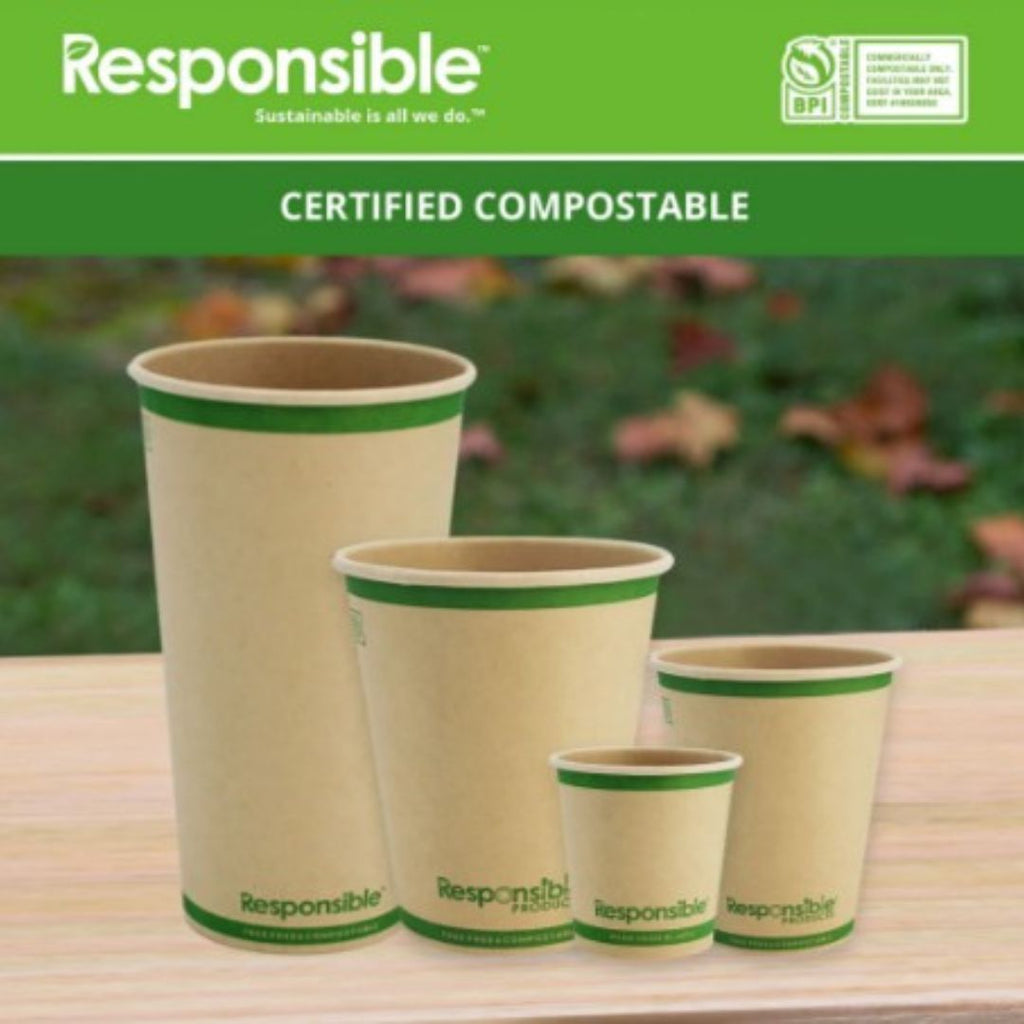 Set of compostable paper cups with 'Responsible' branding on a wooden surface.