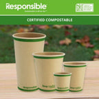 Set of compostable paper cups with 'Responsible' branding on a wooden surface.