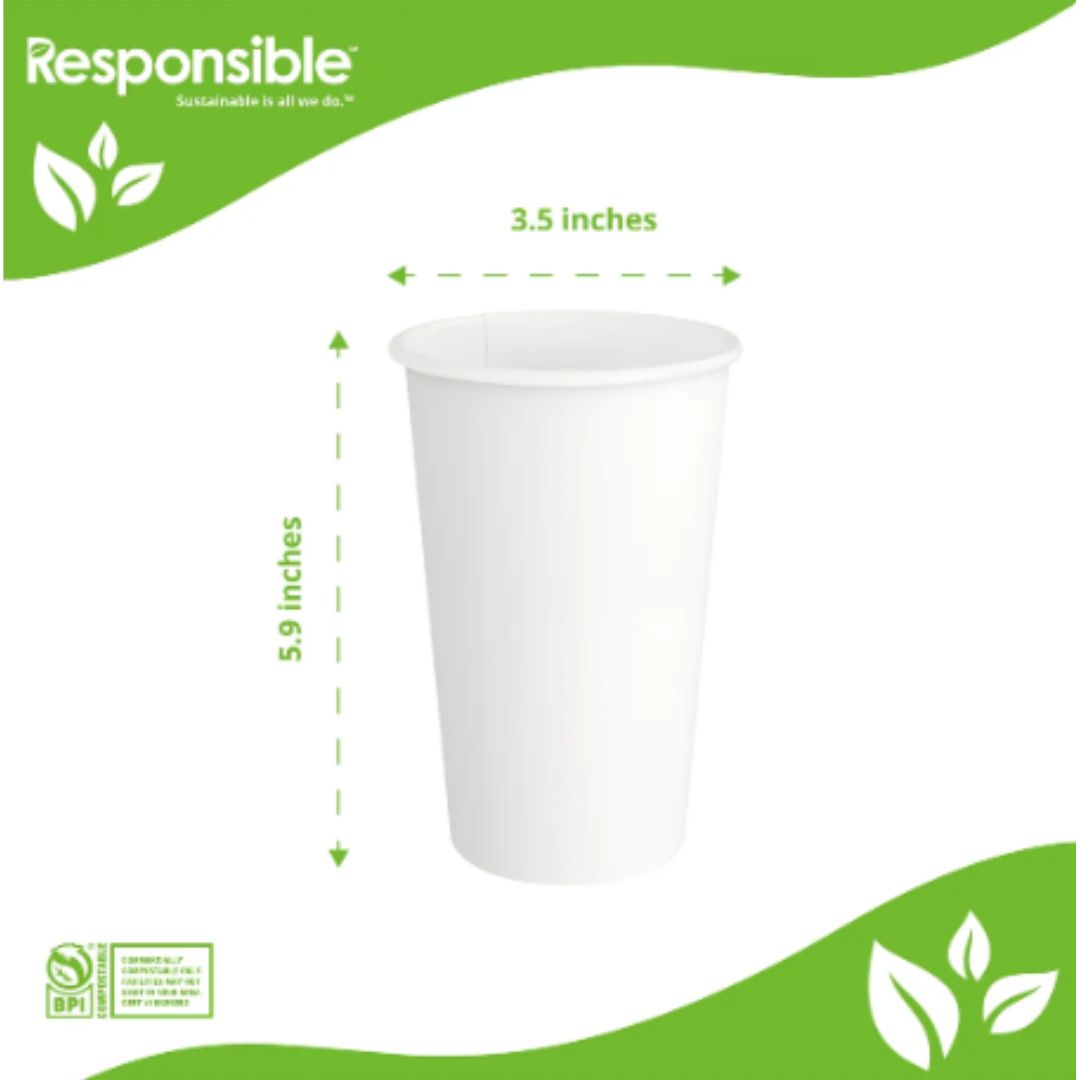 A white paper cup shown on a white background with green graphic accents and measurement arrows indicating a height of 5.9 inches and a diameter of 3.