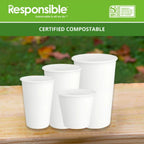 Four white paper cups of varying sizes arranged on a wooden surface with a blurred outdoor background. A green banner at the top reads 'Responsible' and 'CERTIFIED COMPOSTABLE' with a BPI certification logo.