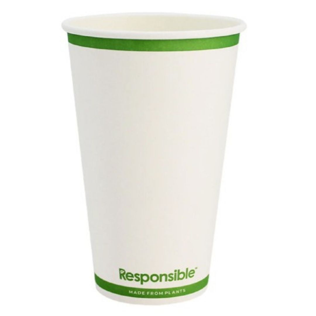 White paper cup with green rim and 'Responsible' branding on a white background