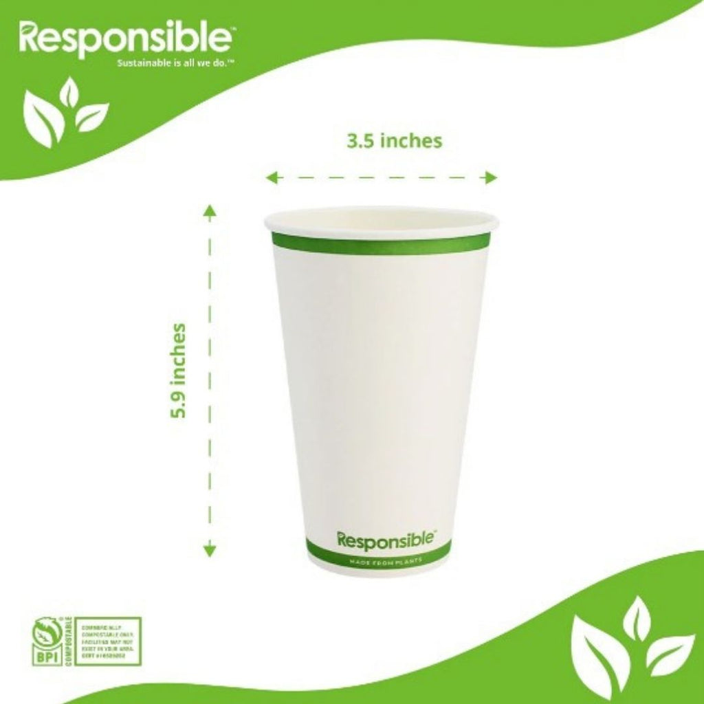 White paper cup with green band and 'Responsible' branding, shown with measurements on a white background.
