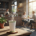 Steaming coffee cup on a wooden table with a blurred cafe interior in the background