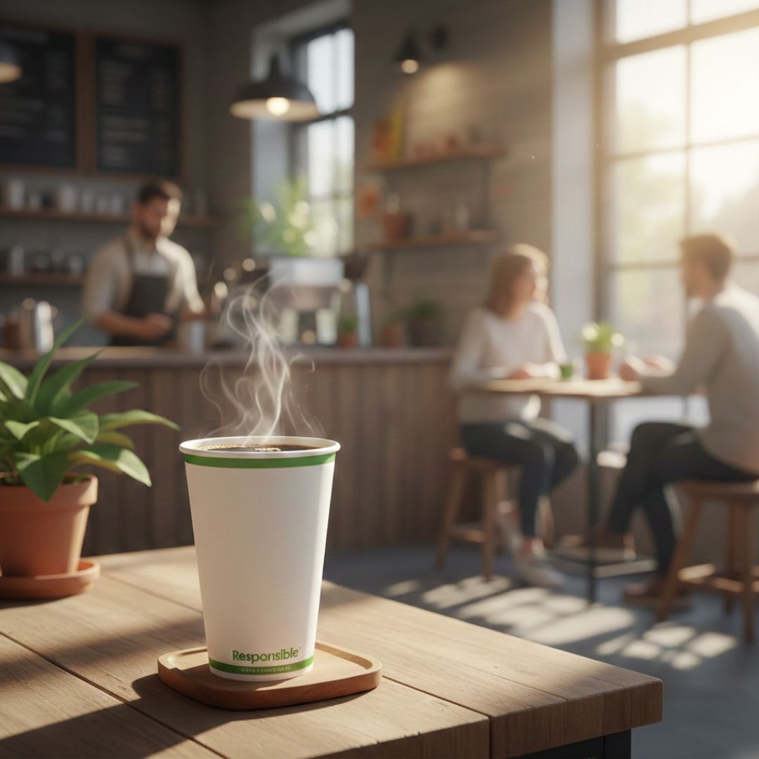 Steaming coffee cup on a wooden table with a blurred cafe interior in the background