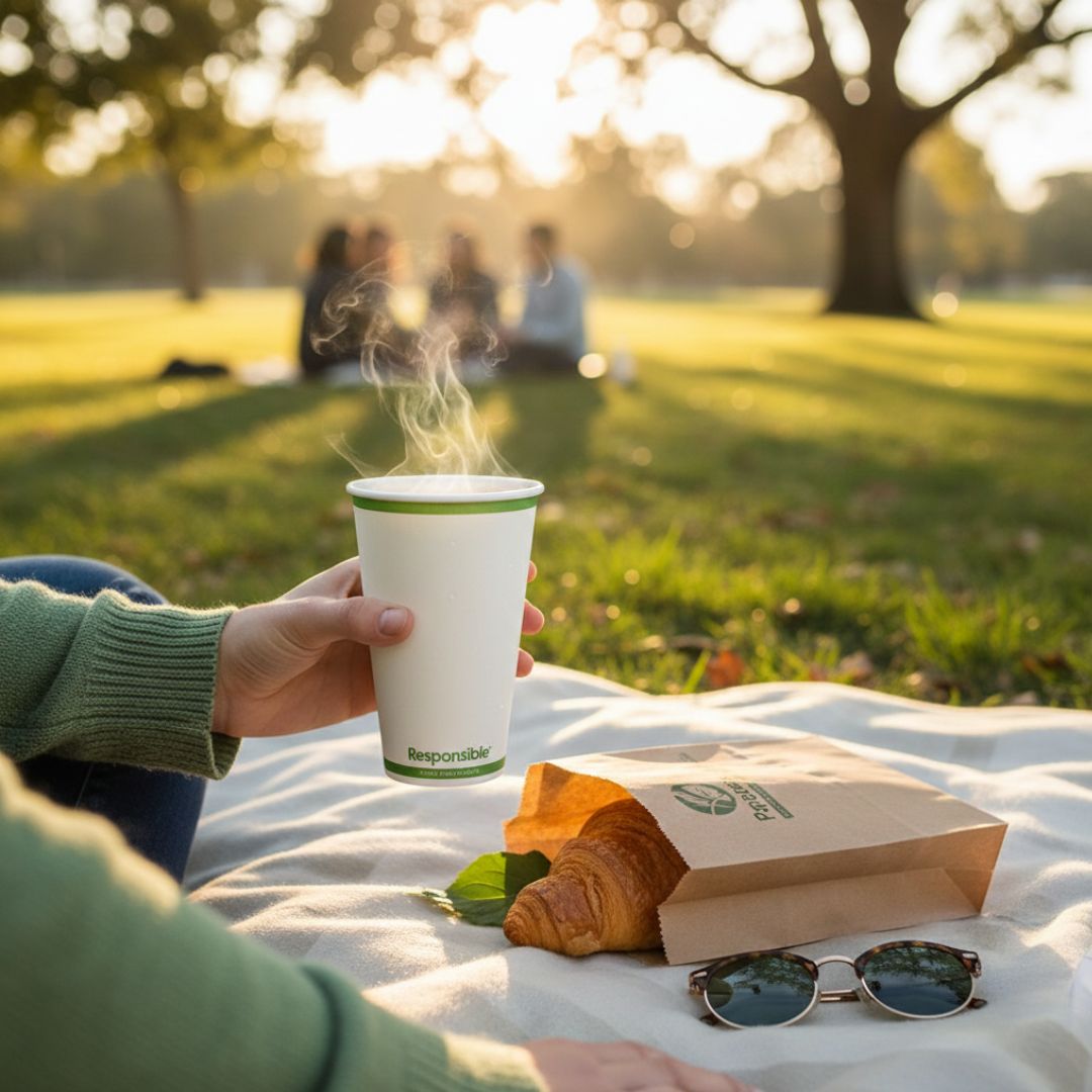 Person holding a steaming cup outdoors on a blanket with a croissant and sunglasses.