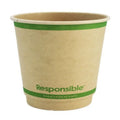 Compostable paper cup with green stripe and 'Responsible' branding on a white background