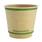 Compostable paper cup with green stripe and 'Responsible' branding on a white background