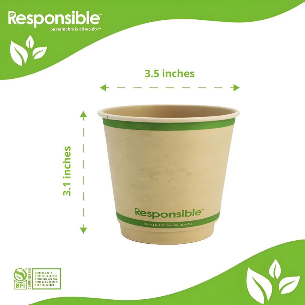 Compostable cup with 'Responsible' branding and dimensions on a green and white background