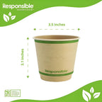 Compostable cup with 'Responsible' branding and dimensions on a green and white background