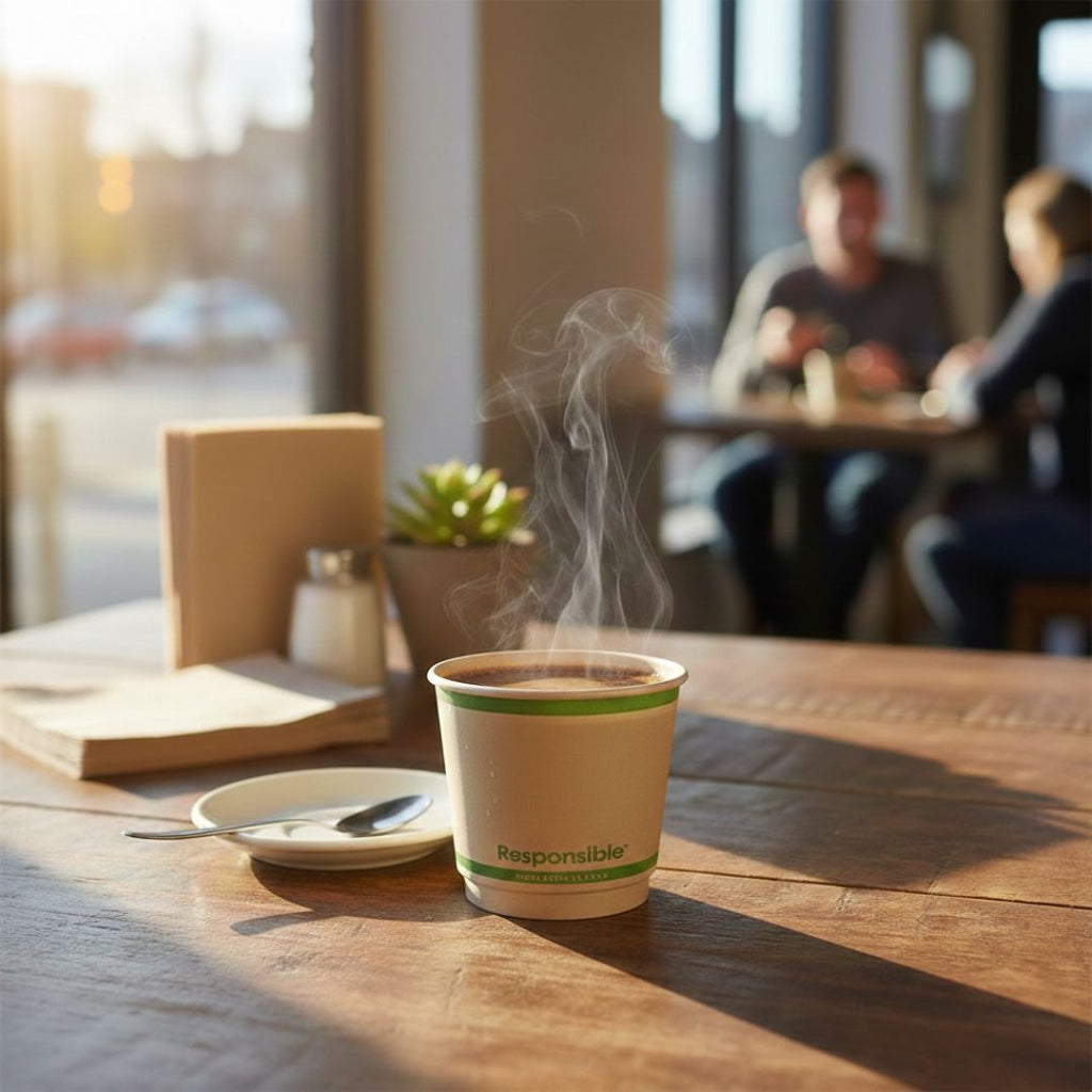 Steaming coffee cup on a table with blurred background of people and decor