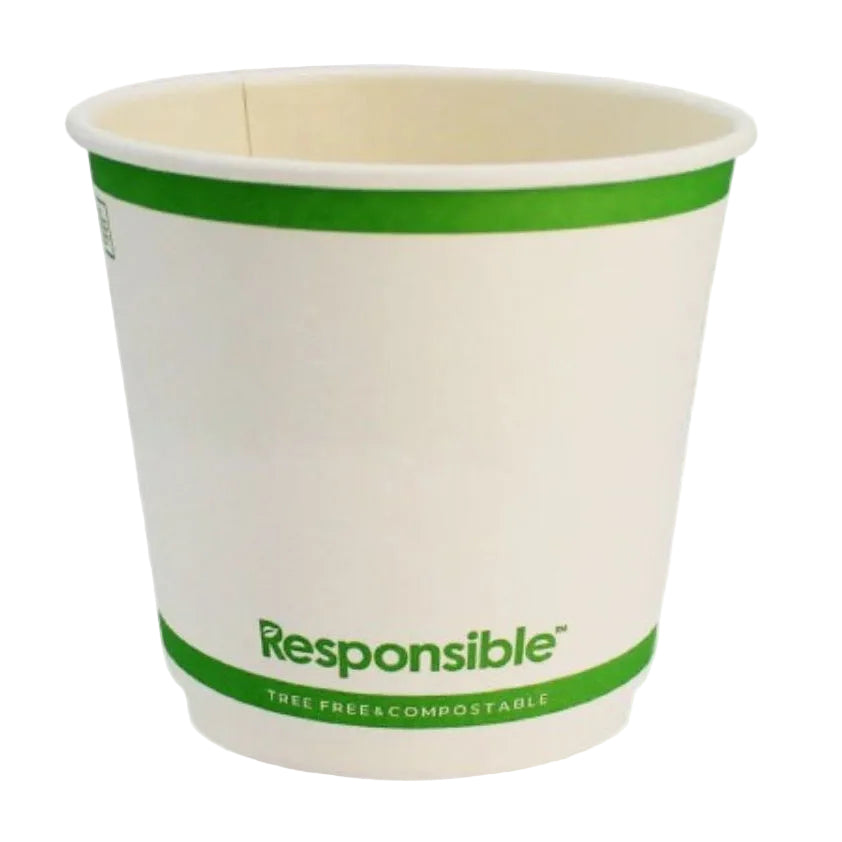 Compostable paper cup with green band and 'Responsible' branding on a white background