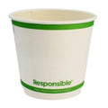Compostable paper cup with green band and 'Responsible' branding on a white background