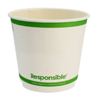 Compostable paper cup with green band and 'Responsible' branding on a white background