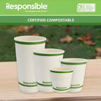 Set of compostable cups with 'Responsible' branding on a wooden surface.