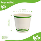 Paper cup with 'Responsible' branding and dimensions on a green and white background