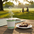 Steaming coffee cup and pie on a picnic table with people in the background
