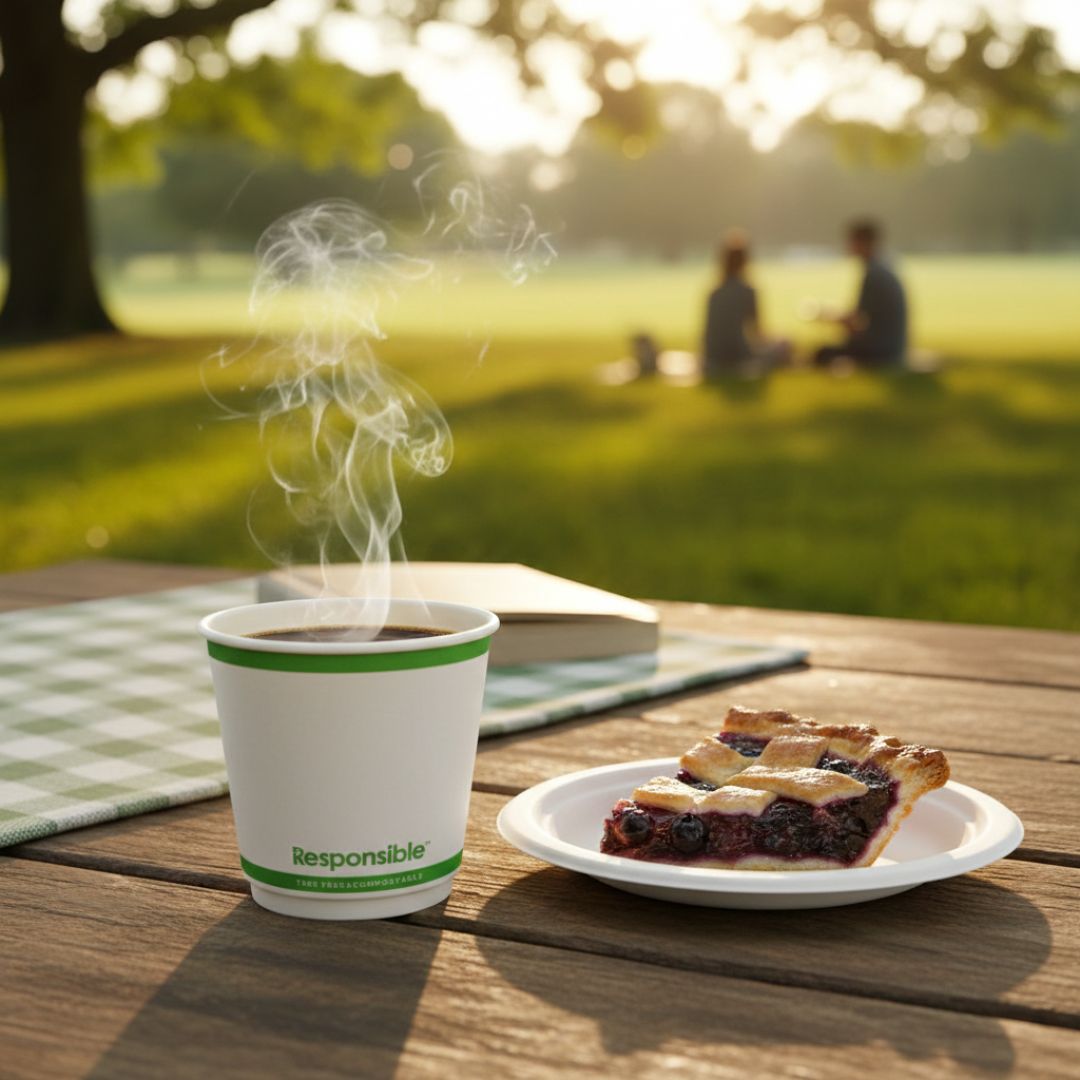 Steaming coffee cup and pie on a picnic table with people in the background