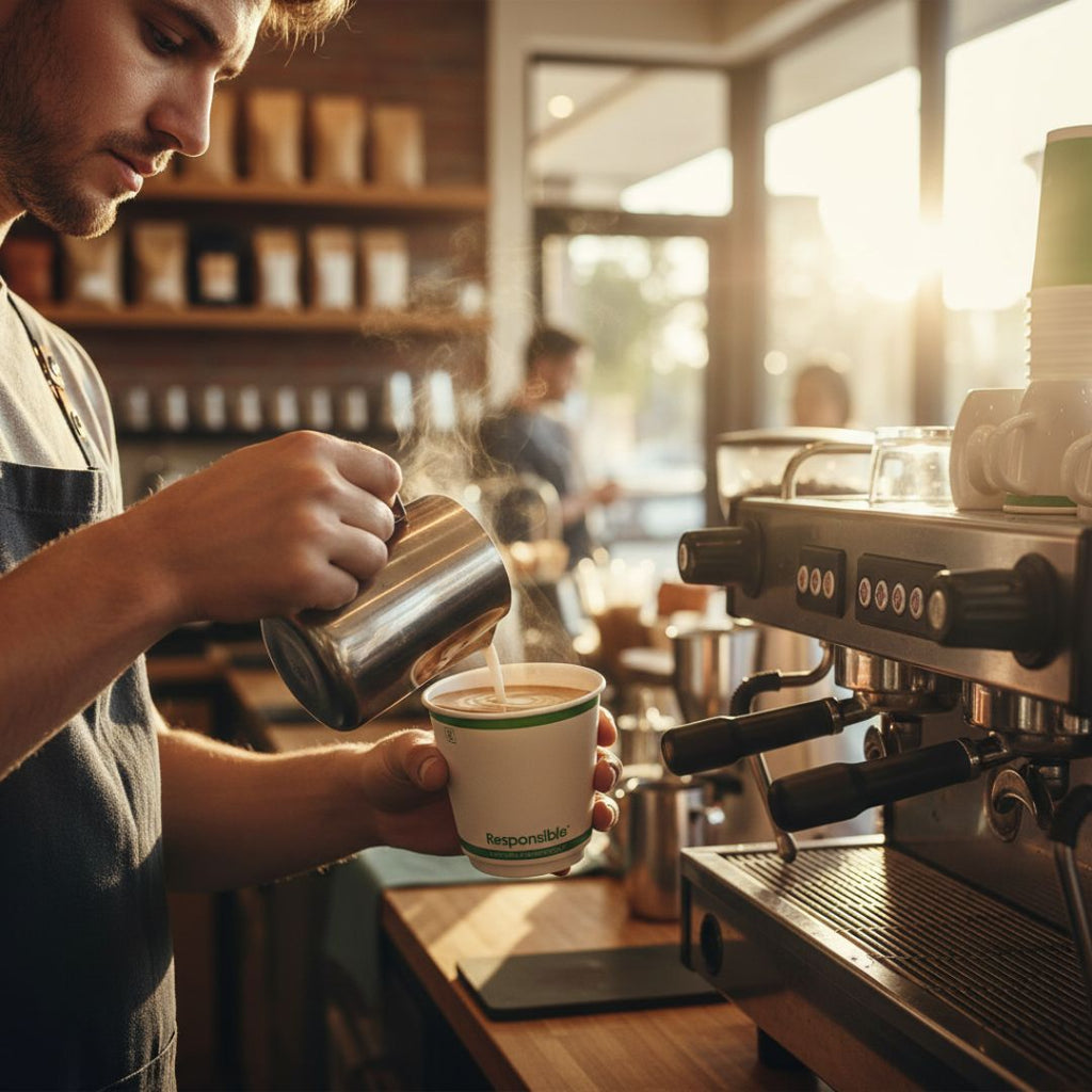 Barista pouring steamed milk into a coffee cup in a coffee shop.