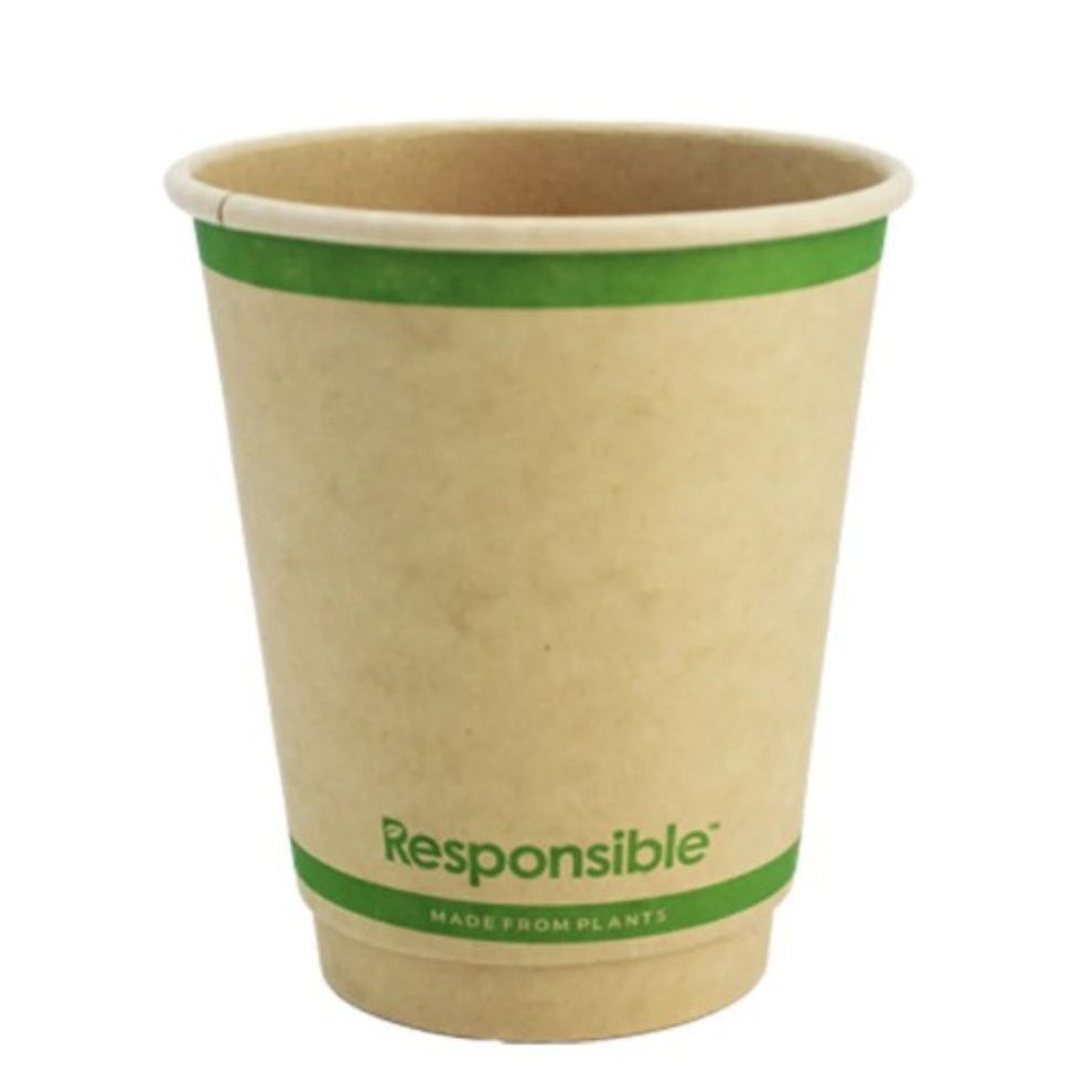 Compostable paper cup with green band and 'Responsible' branding on a white background