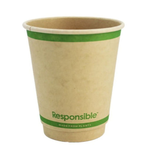 Compostable paper cup with green band and 'Responsible' branding on a white background