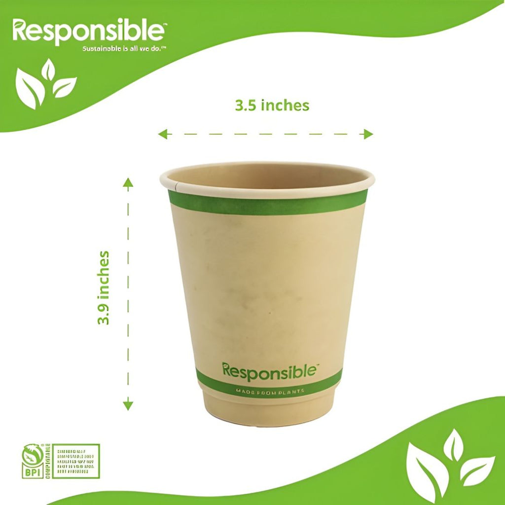 Compostable cup with green band and 'Responsible' branding on a white background