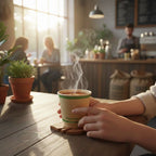 Person holding a steaming cup of coffee in a cozy cafe setting