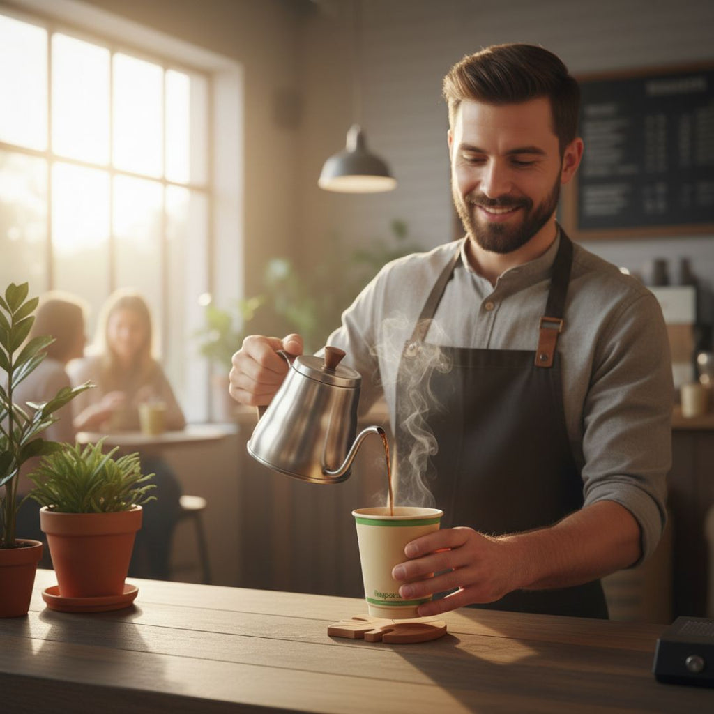 Barista pouring steamed milk into a cup in a cozy café setting.