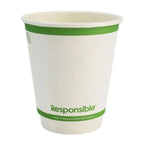 Compostable cup with green rim and 'Responsible' branding on a white background