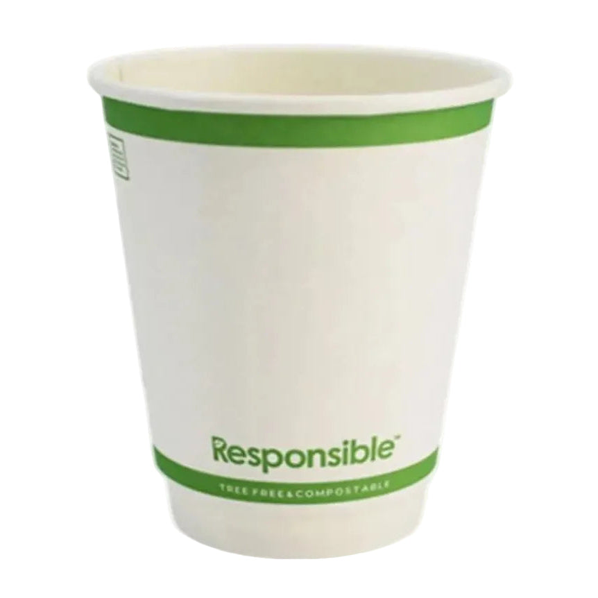 Compostable cup with green rim and 'Responsible' branding on a white background