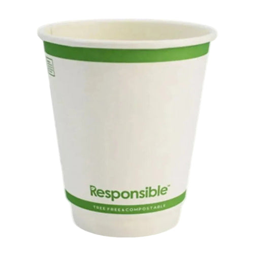 Compostable cup with green rim and 'Responsible' branding on a white background