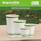 Set of compostable paper cups with 'Responsible' branding on a wooden surface.