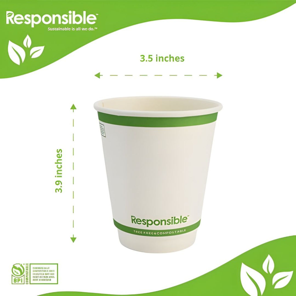 White paper cup with green band and 'Responsible' branding, showing dimensions on a white background.