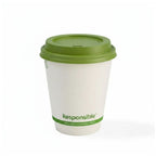 Compostable coffee cup with compostable green lid and 'Responsible' branding on a white background