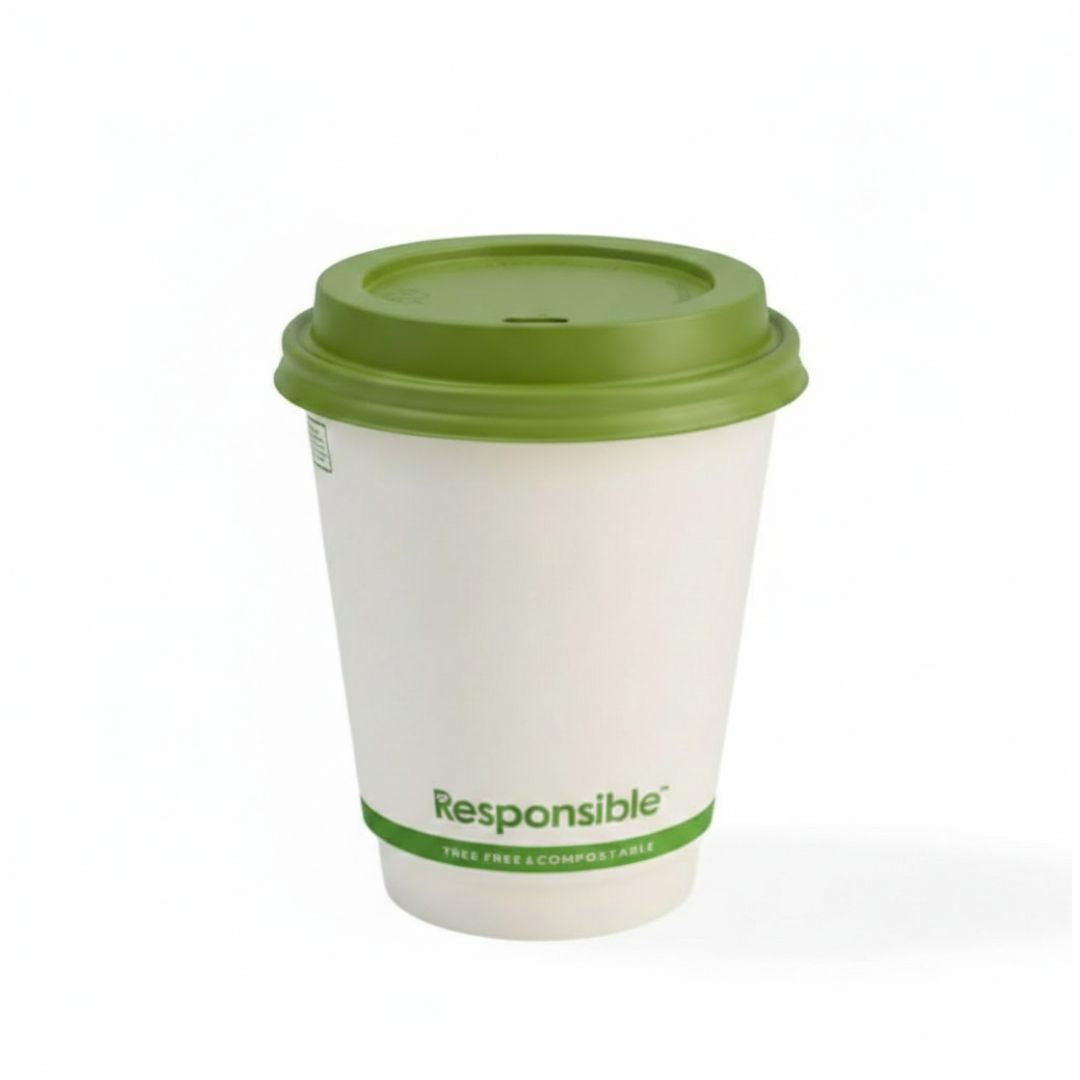 Compostable coffee cup with compostable green lid and 'Responsible' branding on a white background