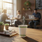 Coffee cup with steam on a table in a cafe setting with people in the background