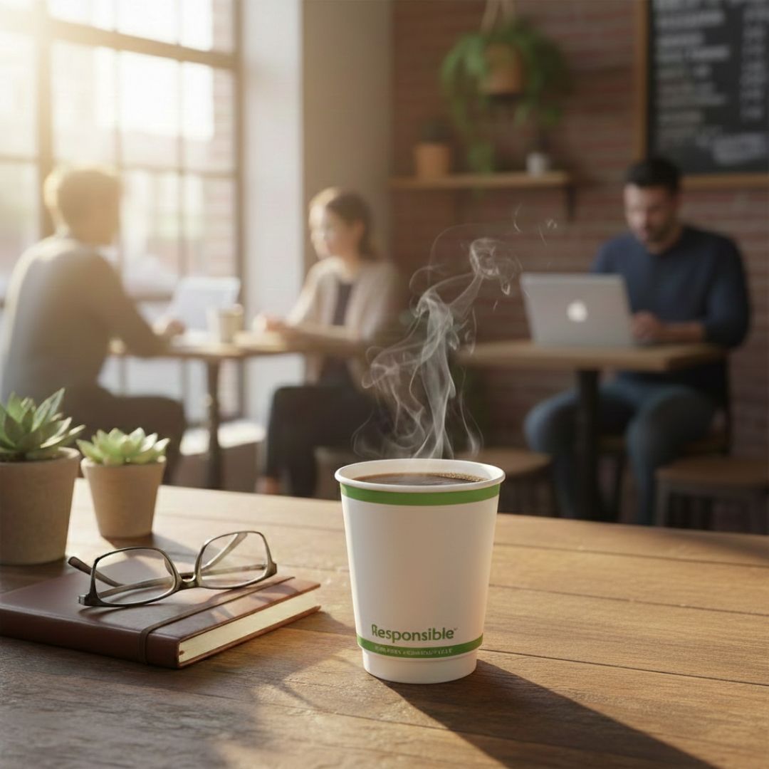 Coffee cup with steam on a table in a cafe setting with people in the background
