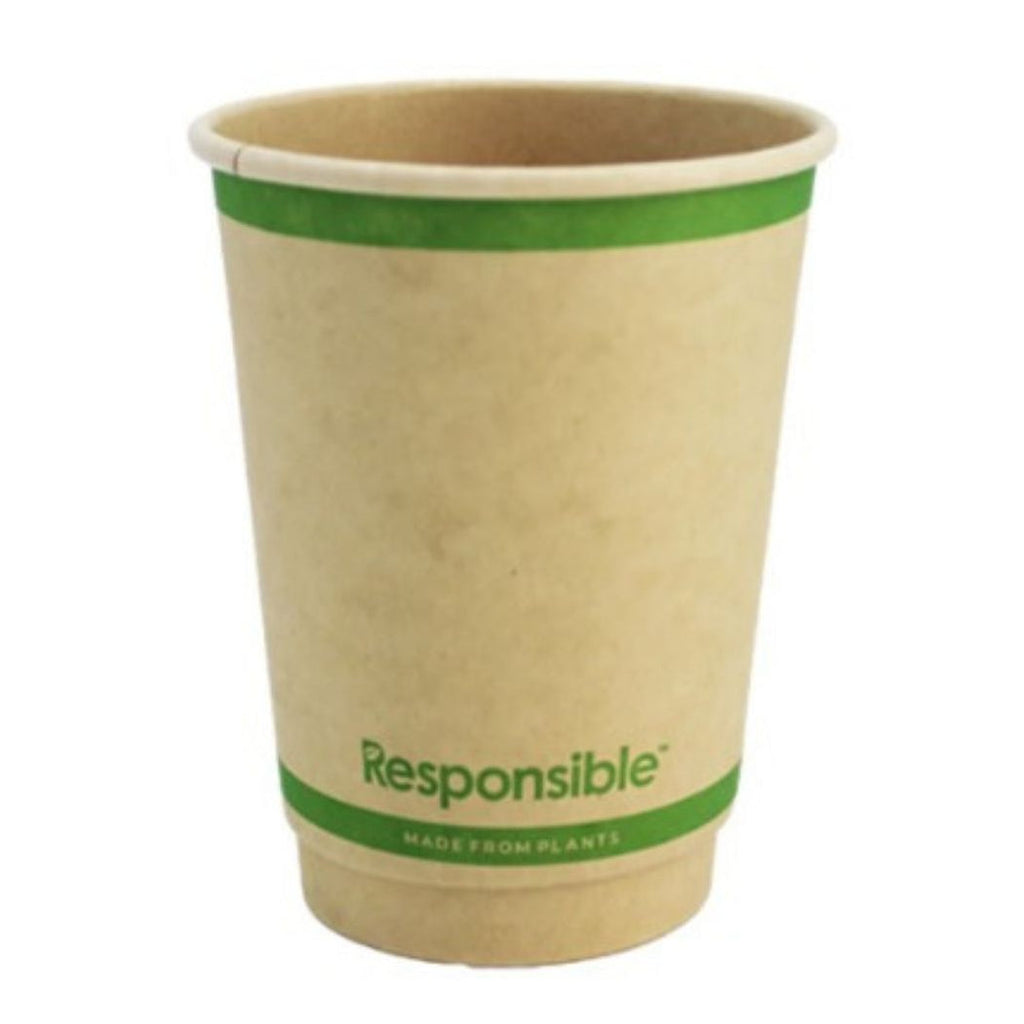Compostable paper cup with green rim and 'Responsible' branding on a white background