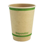 Compostable paper cup with green rim and 'Responsible' branding on a white background