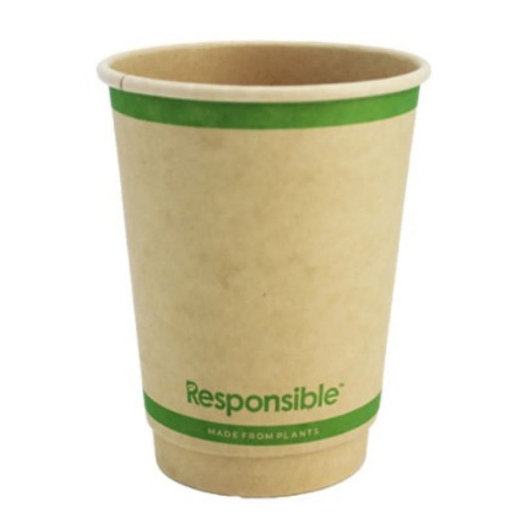 Compostable paper cup with green rim and 'Responsible' branding on a white background