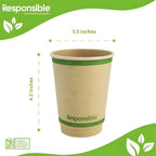 Compostable cup with green band and 'Responsible' branding, showing dimensions.