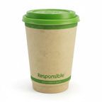 Kraft paper cup with green lid and band on a white background