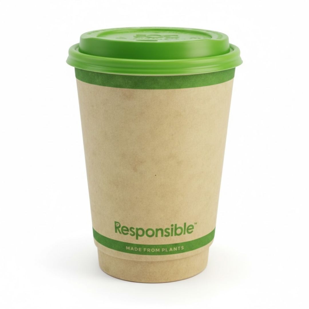Kraft paper cup with green lid and band on a white background