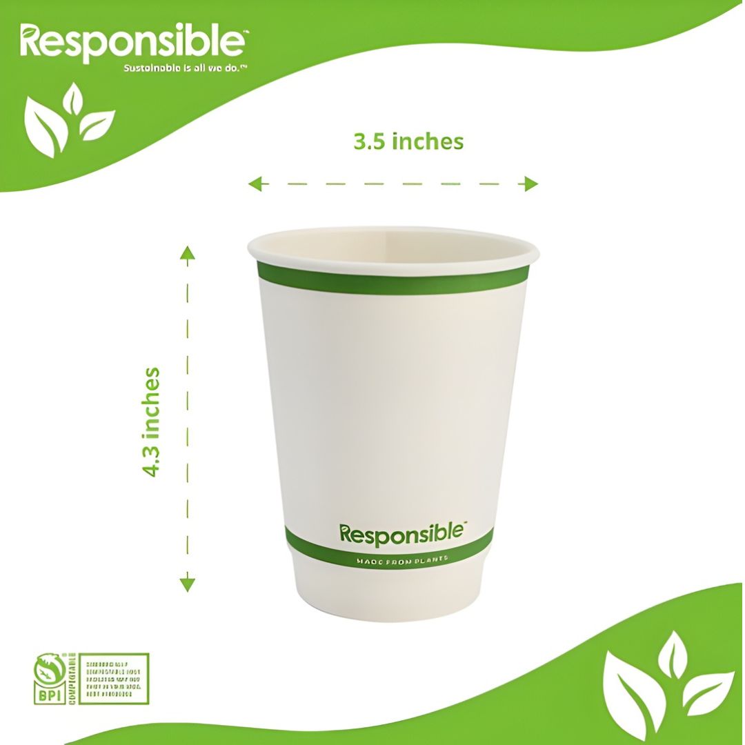 White paper cup with green band and 'Responsible' branding on a white background
