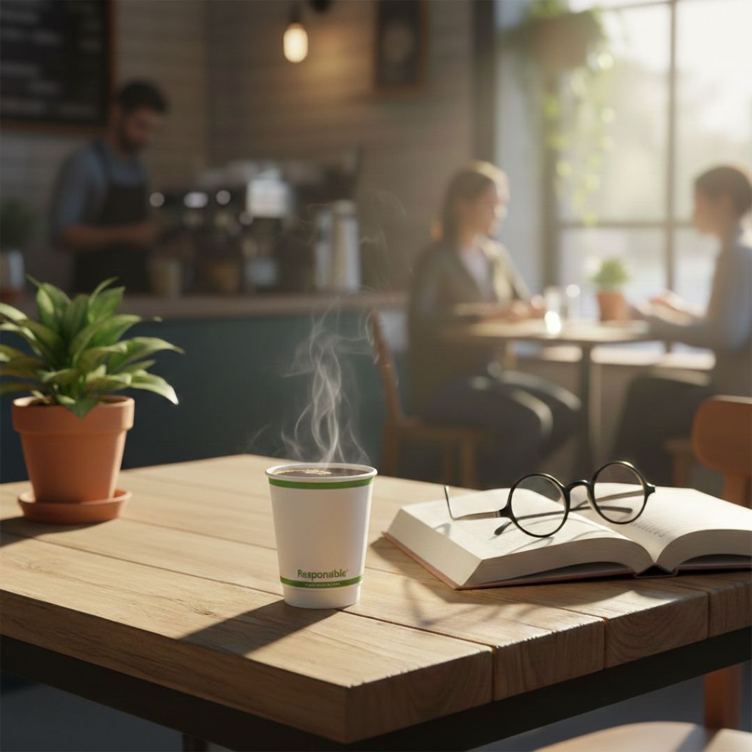 Steaming coffee cup on a table with an open book and glasses, blurred cafe background