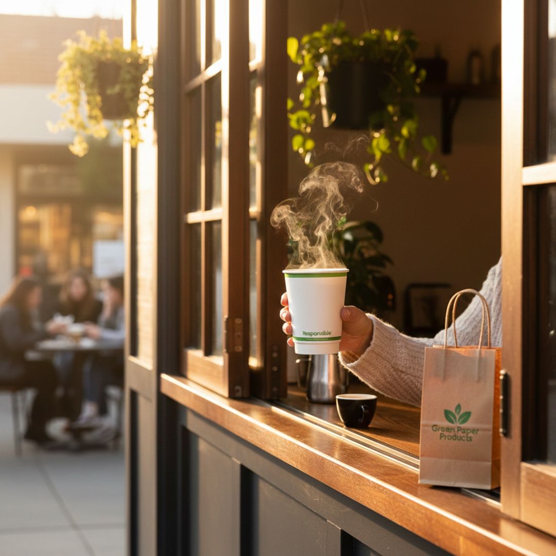 Person holding a steaming cup of coffee with a blurred cafe interior in the background