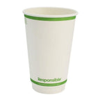 Compostable paper cup with green rim and 'Responsible' branding on a white background