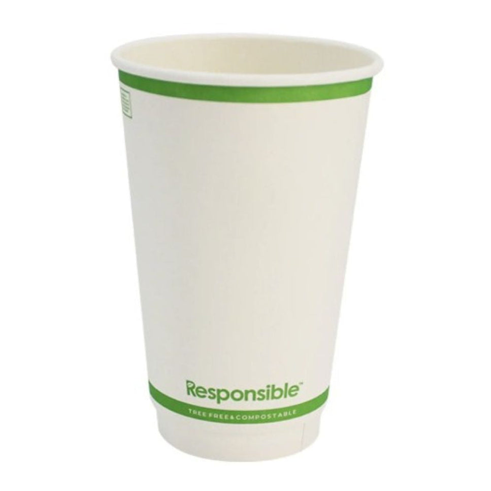 Compostable paper cup with green rim and 'Responsible' branding on a white background