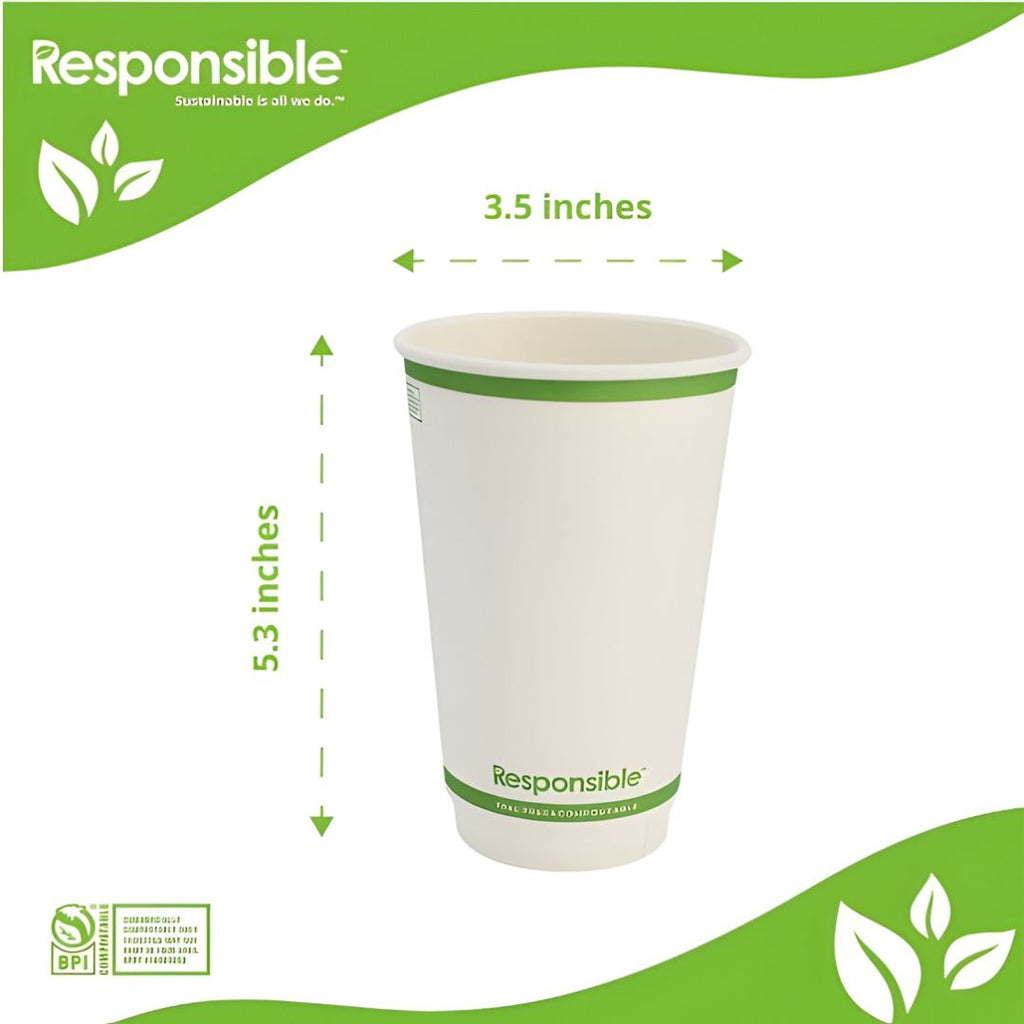White paper cup with green accents and 'Responsible' branding on a white background