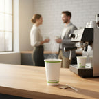 Steaming paper cup on a counter with blurred people in the background