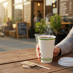Person holding a steaming coffee cup with 'Responsible' branding on a wooden table outdoors.